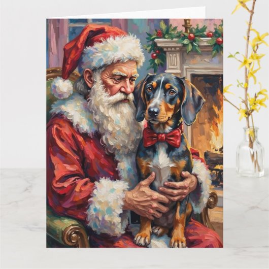 Santa Claus Holding Bluetick Coonhound Christmas  カード (黄色い花)