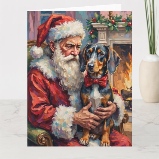 Santa Claus Holding Bluetick Coonhound Christmas カード (正面)