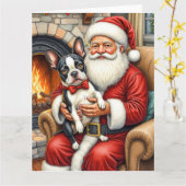 Santa Claus Holding Boston Terrier Christmas Art カード (黄色い花)