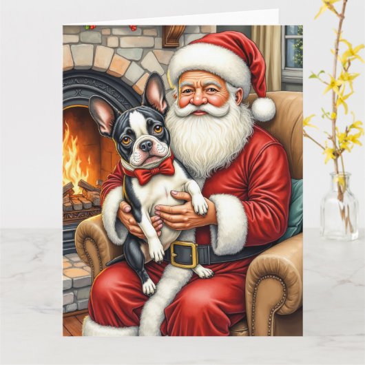 Santa Claus Holding Boston Terrier Christmas Art カード (黄色い花)