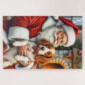 Santa Claus Holding Brittany Spaniel Christmas Art ジグソーパズル (横)