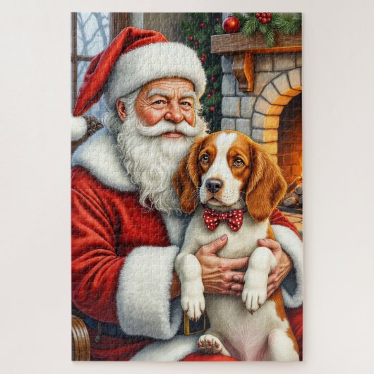 Santa Claus Holding Brittany Spaniel Christmas Art ジグソーパズル (縦)