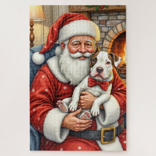 Santa Claus Holding Bull Terrier Christmas Art ジグソーパズル (縦)