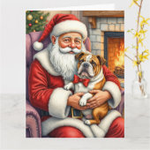 Santa Claus Holding Bulldog Christmas Art カード (黄色い花)