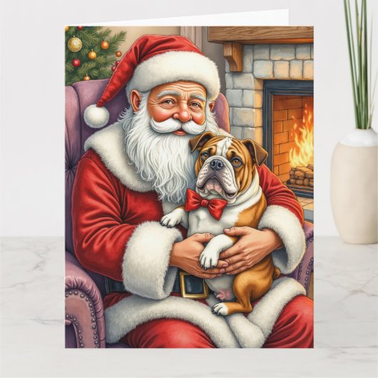 Santa Claus Holding Bulldog Christmas Art カード (正面)