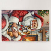 Santa Claus Holding Bulldog Christmas Art ジグソーパズル (横)
