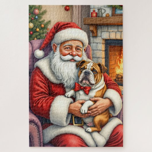 Santa Claus Holding Bulldog Christmas Art ジグソーパズル (縦)