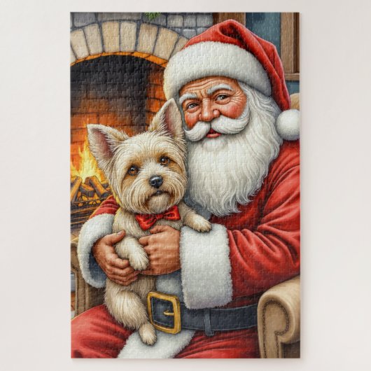 Santa Claus Holding Cairn Terrier Christmas Art ジグソーパズル (縦)