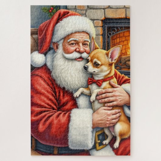 Santa Claus Holding Chihuahua Christmas Art ジグソーパズル (縦)