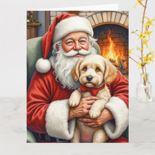 Santa Claus Holding Cockapoo Christmas Art カード (黄色い花)