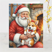 Santa Claus Holding Corgi Christmas Art カード (黄色い花)
