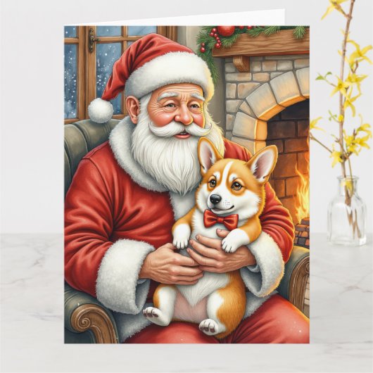 Santa Claus Holding Corgi Christmas Art カード (黄色い花)