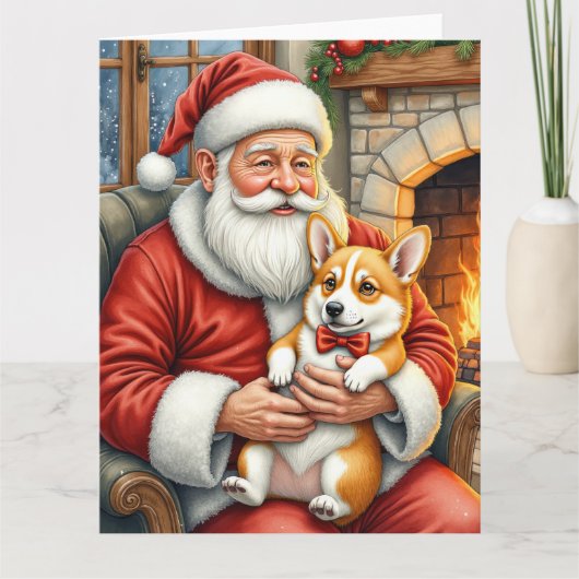 Santa Claus Holding Corgi Christmas Art カード (正面)