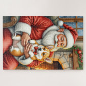Santa Claus Holding Corgi Christmas Art ジグソーパズル (横)