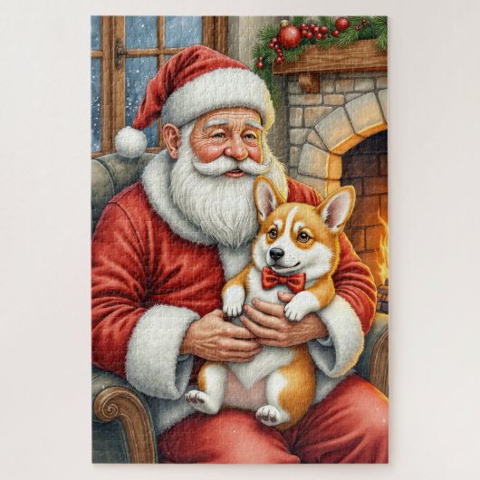 Santa Claus Holding Corgi Christmas Art ジグソーパズル (縦)