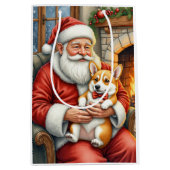 Santa Claus Holding Corgi Christmas Art ミディアムペーパーバッグ (正面)