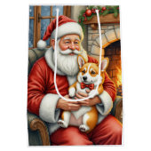 Santa Claus Holding Corgi Christmas Art ミディアムペーパーバッグ (裏面)