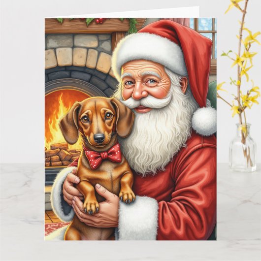 Santa Claus Holding Dachshund Christmas Art カード (黄色い花)