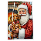 Santa Claus Holding Dachshund Christmas Art ミディアムペーパーバッグ (正面)