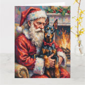 Santa Claus Holding Doberman Christmas Art カード (黄色い花)