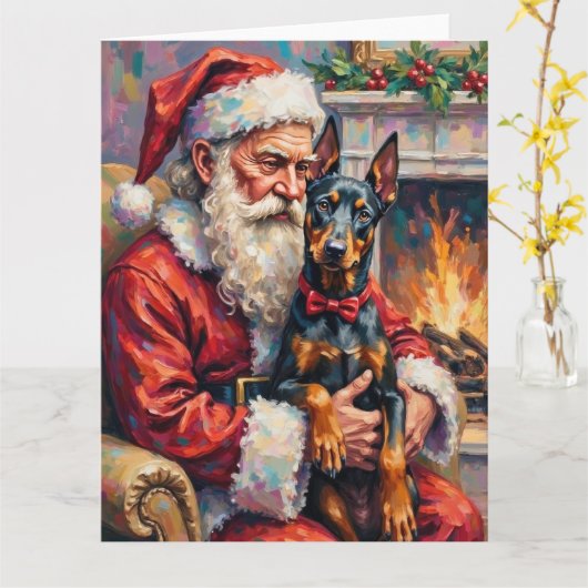Santa Claus Holding Doberman Christmas Art カード (黄色い花)