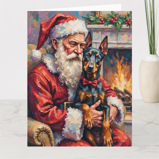 Santa Claus Holding Doberman Christmas Art カード (正面)