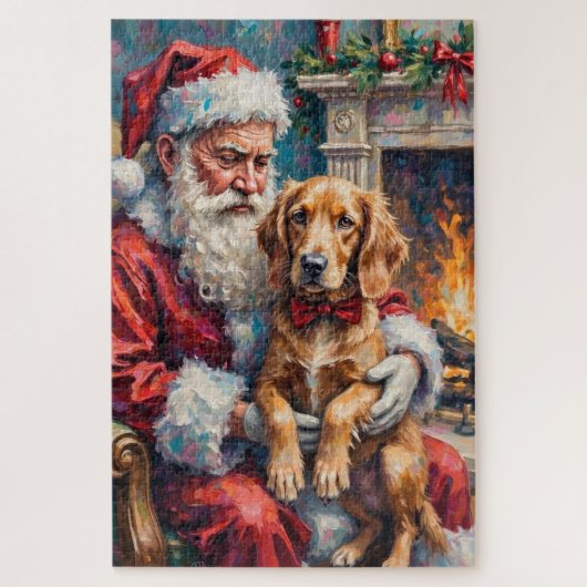 Santa Claus Holding English Setter Christmas Art ジグソーパズル (縦)