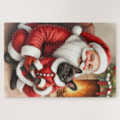 Santa Claus Holding French Bulldog Christmas Art ジグソーパズル (横)