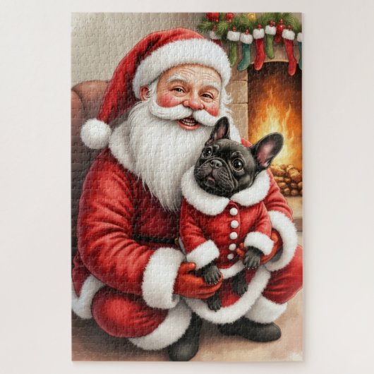 Santa Claus Holding French Bulldog Christmas Art ジグソーパズル (縦)
