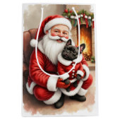 Santa Claus Holding French Bulldog Christmas Art ミディアムペーパーバッグ (正面)