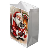 Santa Claus Holding French Bulldog Christmas Art ミディアムペーパーバッグ (裏面アングル)