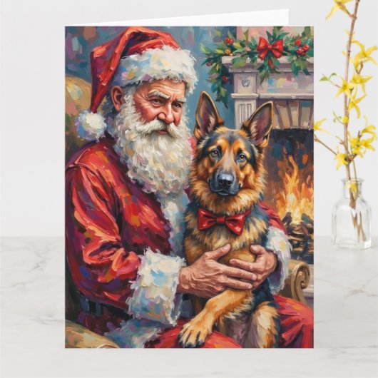 Santa Claus Holding German Shepherd Christmas Art カード (黄色い花)