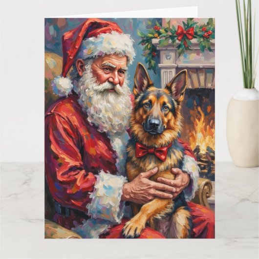 Santa Claus Holding German Shepherd Christmas Art カード (正面)