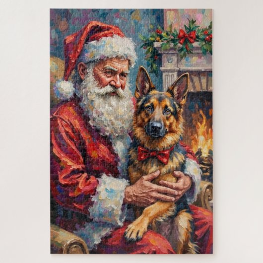 Santa Claus Holding German Shepherd Christmas Art ジグソーパズル (縦)