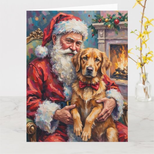 Santa Claus Holding Golden Retriever Christmas Art カード (黄色い花)