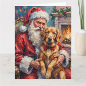 Santa Claus Holding Golden Retriever Christmas Art カード (正面)