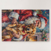 Santa Claus Holding Golden Retriever Christmas Art ジグソーパズル (横)