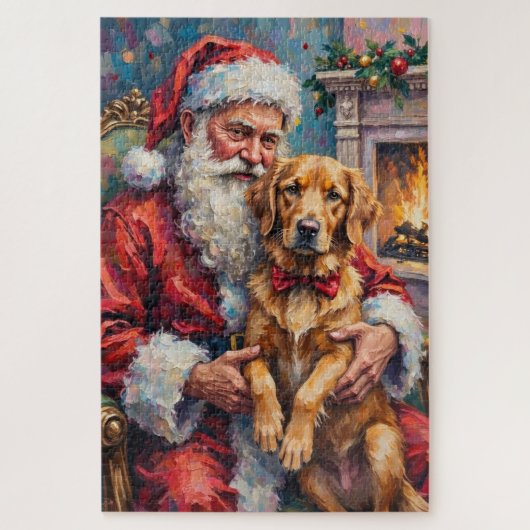 Santa Claus Holding Golden Retriever Christmas Art ジグソーパズル (縦)