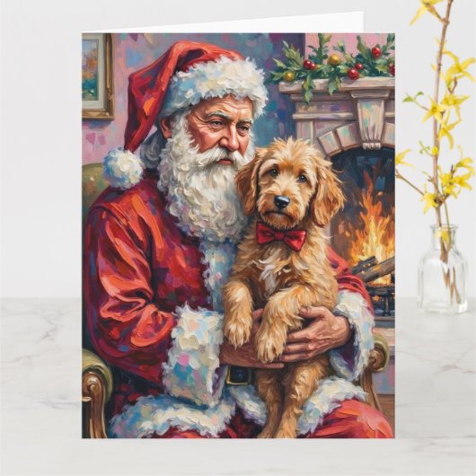 Santa Claus Holding Goldendoodle Christmas Art カード (黄色い花)