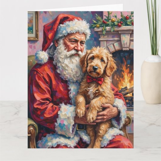 Santa Claus Holding Goldendoodle Christmas Art カード (正面)