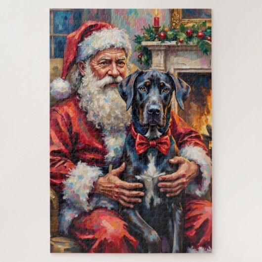 Santa Claus Holding Great Dane Christmas Art ジグソーパズル (縦)