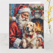 Santa Claus Holding Great Pyrenees Christmas Art カード (黄色い花)