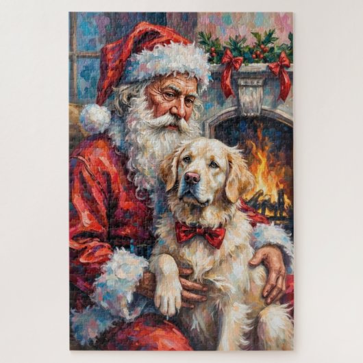 Santa Claus Holding Great Pyrenees Christmas Art ジグソーパズル (縦)