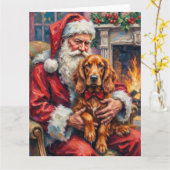 Santa Claus Holding Irish Red Setter Christmas Art カード (黄色い花)
