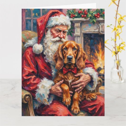 Santa Claus Holding Irish Red Setter Christmas Art カード (黄色い花)