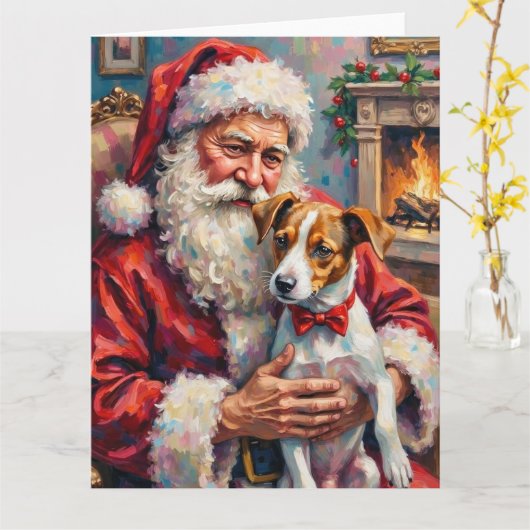 Santa Claus Holding Jack Russell Christmas Art カード (黄色い花)