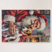Santa Claus Holding Jack Russell Christmas Art ジグソーパズル (横)
