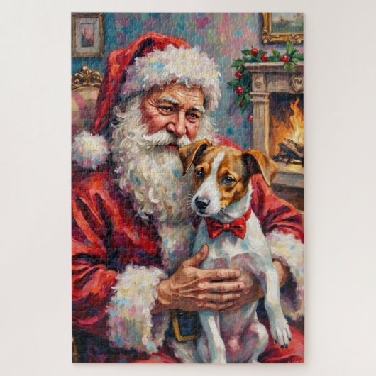 Santa Claus Holding Jack Russell Christmas Art ジグソーパズル (縦)