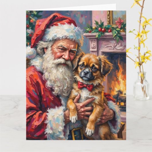 Santa Claus Holding Japanese Chin Christmas Art カード (黄色い花)