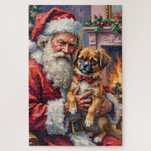 Santa Claus Holding Japanese Chin Christmas Art ジグソーパズル (縦)